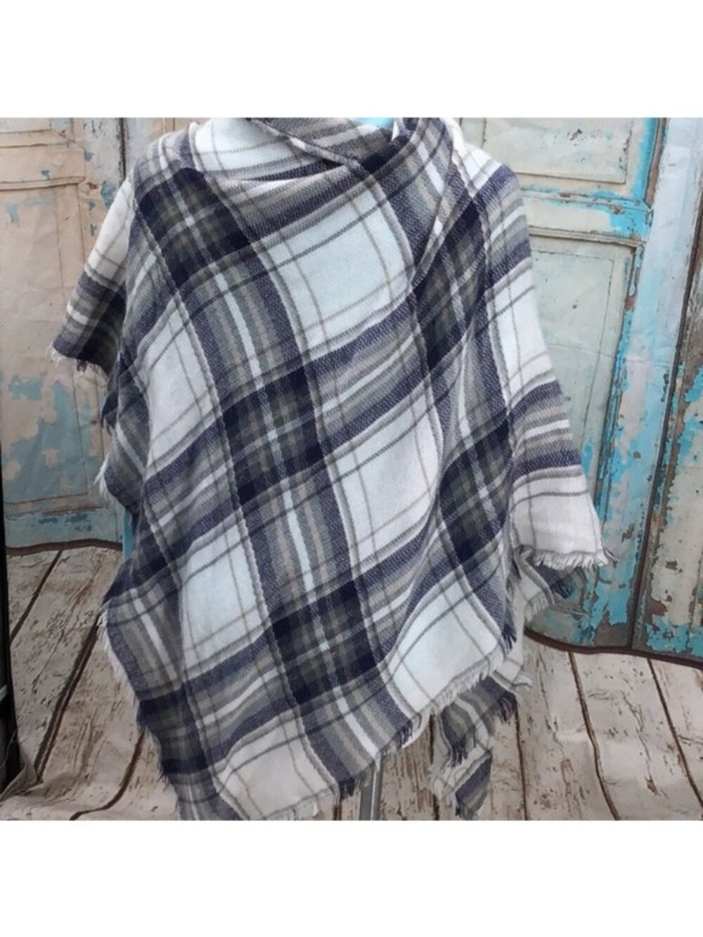 Plaid Fringe-Trimmed Wrap Shawl In White & Navy Lightweight & Cozy (Scarf Only)